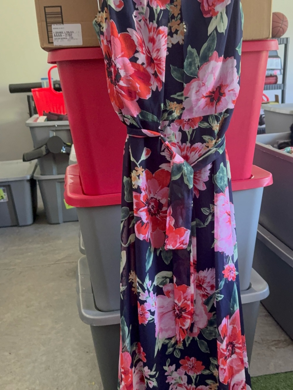 Floral Navy Maxi Dress with Pink & Coral Blooms mp47